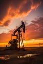 silhouette of industrial oil pump at sunset, fuel rig derrick, energy and power supply concept Royalty Free Stock Photo