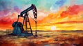 silhouette of industrial oil pump at sunset, fuel rig derrick, energy and power supply concept