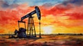 silhouette of industrial oil pump at sunset, fuel rig derrick, energy and power supply concept