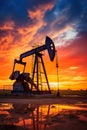 silhouette of industrial oil pump at sunset, fuel rig derrick, energy and power supply concept