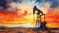 silhouette of industrial oil pump at sunset, fuel rig derrick, energy and power supply concept