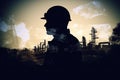Silhouette of industrial worker with oil refinery plant as background. Generative AI