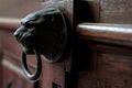 Silhouette of an iron door knocker in the form of a lion with a ring in its mouth on a brown old European wooden door Royalty Free Stock Photo