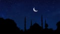 Silhouette islamic mosque with background of blurred starry sky night and crescent moon