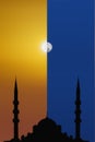 Silhouette islamic mosque on background of day with sunrinse and night with moon on sky