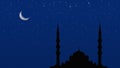 Silhouette islamic mosque with background of starry sky night and crescent moon