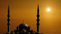 Silhouette islamic mosque with dome and two tower with background of sunrising