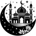 A silhouette of an Islamic mosque with domes and minarets is depicted against a decorative night sky backdrop Royalty Free Stock Photo