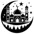 A silhouette of an Islamic mosque with domes and minarets is depicted against a decorative night sky backdrop Royalty Free Stock Photo