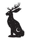 Silhouette of Jackalope hare with horns folklore magic animal with night sky with crescent moon gothic tattoo design isolated