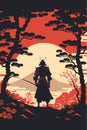 Silhouette of Japanese samurai warrior with sword standing on sunset art print
