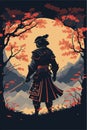 Silhouette of Japanese samurai warrior with sword standing on sunset art print