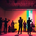 Silhouette jazz musicians in night club with colorful background