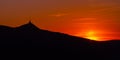 Silhouette of Jested mountain at sunset time, Liberec, Czech Republic. Panoramic shot