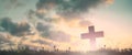 Silhouette jesus christ crucifix on cross on calvary sunset background concept for good friday he is risen in easter day, good Royalty Free Stock Photo