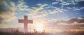 Silhouette jesus christ crucifix on cross on calvary sunset background concept for good friday he is risen in easter day, good Royalty Free Stock Photo