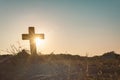 Silhouette jesus christ crucifix on cross on calvary sunset background concept for good friday he is risen in easter day, good Royalty Free Stock Photo