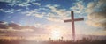 Silhouette jesus christ crucifix on cross on calvary sunset background concept for good friday he is risen in easter day, good Royalty Free Stock Photo