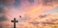 Silhouette jesus christ crucifix on cross on calvary sunset background concept for good friday he is risen in easter day, good Royalty Free Stock Photo