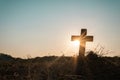 Silhouette jesus christ crucifix on cross on calvary sunset background concept for good friday he is risen in easter day, good Royalty Free Stock Photo