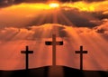 Silhouette of Jesus Christ crucifixion on cross, Good Friday Easter over heaven -Three Crosses On Hill landscape horizontal Royalty Free Stock Photo