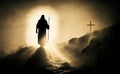 Silhouette of Jesus Christ Walking Towards the Sunrise Royalty Free Stock Photo