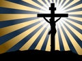 Silhouette Jesus crucifixion against rays of light background