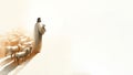 Silhouette of Jesus holding a lamb and sheeps behind him on white background. Copy space. Royalty Free Stock Photo