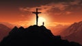 Silhouette jesus lord cross symbol on Calvary mountain sunset background. crucifixion of Jesus, crucifixion, religion and Royalty Free Stock Photo