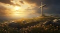 Silhouette jesus lord cross symbol on Calvary mountain sunset background. crucifixion of Jesus, crucifixion, religion and Royalty Free Stock Photo