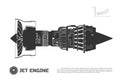 Silhouette of jet engine of aircraft. Part of the airplane. Side view. Aerospase industrial drawing