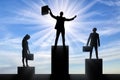 Silhouette of a jubilant man on the podium of a winner and a silhouette of a sad man and woman near