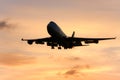 Silhouette of jumbo jet in flight.