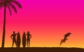 Silhouette jumping dolphin and surfer carrying surfboard on beach with sunset sky background Royalty Free Stock Photo