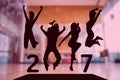 Silhouette of jumping people forming 2017 new year sign Royalty Free Stock Photo