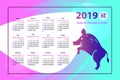 Silhouette jumping pig. Pocket calendar 2019. Chinese earth boar