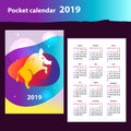 Silhouette jumping pig. Pocket calendar 2019. Chinese earth boar