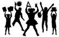 Silhouette of jumping and standing school students in full growth. Back to school. Pupils or first graders with school supplies.