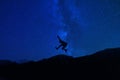 Silhouette Jumping Under Milky Way Night Stars Extreme Creative Concept