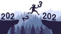 Silhouette of jumping woman over chasm between cliffs on background of forest. Transition from 2022 to 2023, new year. Vector