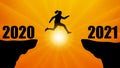 Silhouette of jumping woman over chasm between mountains. Transition from 2020 to 2021, new year. Vector illustration