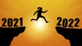 Silhouette of jumping woman over chasm between mountains. Transition from 2021 to 2022, new year. Vector illustration Royalty Free Stock Photo