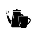 Silhouette Kettle with boiling water and cup. Outline icon of tea pair, morning coffee. Black illustration of brewing hot drink, Royalty Free Stock Photo