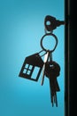 Silhouette of the keys with keyring in the door keyhole Royalty Free Stock Photo