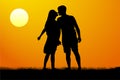 Silhouette kiss of young man and woman on sunset background, vector illustration.