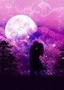 Silhouette a kisses couple in love on a background a night boundless sky, romantic a space landscape