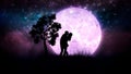 Silhouette of a kissing couple in love on a background of a dark cosmic and stars, a romantic night under a fantastic boundless sk