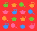 Silhouette of kitchen ware in color.