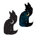 Silhouette of kitsune fox magic animal with night sky with crescent moon gothic tattoo design isolated vector illustration