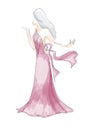 Silhouette of lady in pink dress drawn by watercolor